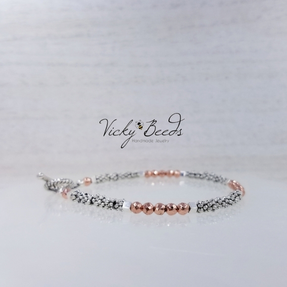 Ladies Two Tone Beaded Gemstone Toggle Bracelet - Picture 4 of 8